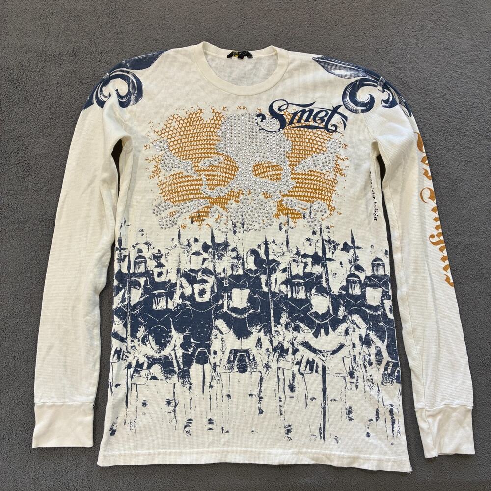 Smet by Christian Audigier White Long Sleeve Thermal Shirt Rhinestones Mens L